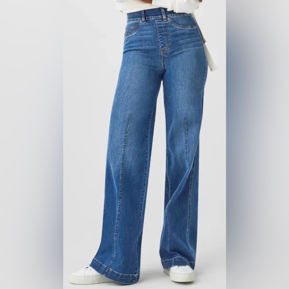 SPANX SZ L Seamed Front, Wide Leg Jeans Pull on Like New